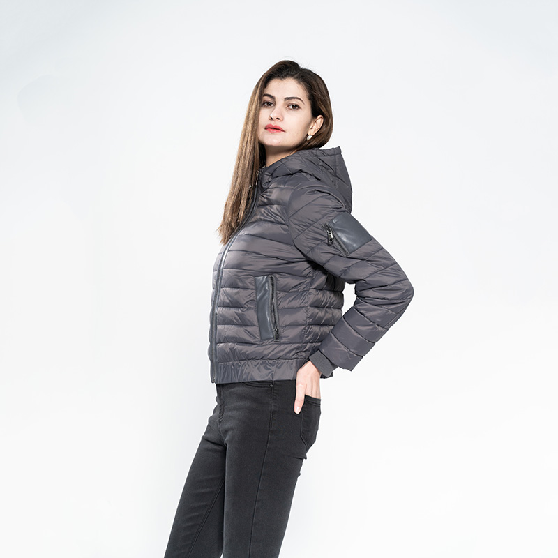 Lady Padded Down Jacket with Hood Cuffed Sleeves And Hem