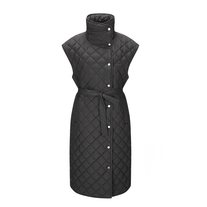 custom women gilet wholesale stand collar belt sleeveless coat long single breasted diamong quilted padding vest