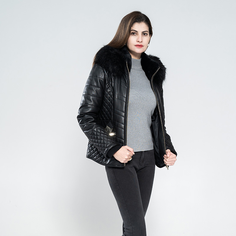 Ladies PU Coat With Padding and Faux Fur Collar