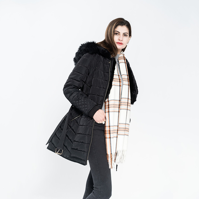 Lady Nylon Long Down Jacket with Fancy Faux Fur Collar 