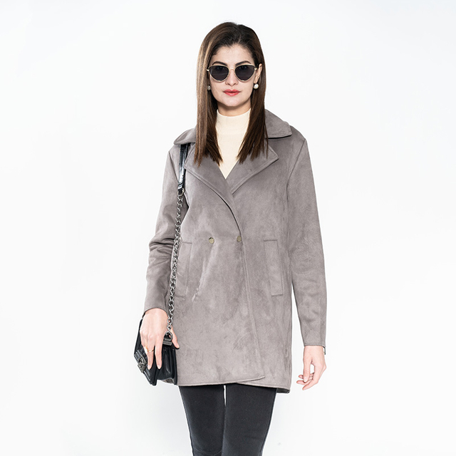 Lady Faux Suede Bonded Long Coat with Welt Waist Pocket