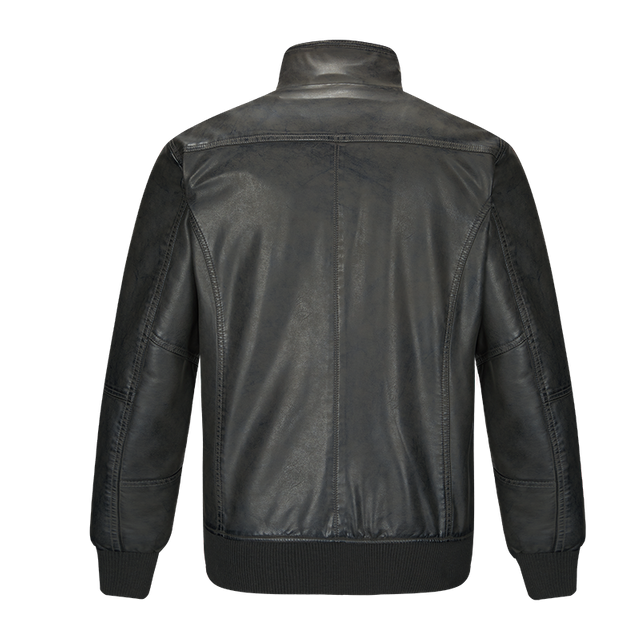 custom men classical pu jacket stand collar sleeve carved faded color padding leather jacket