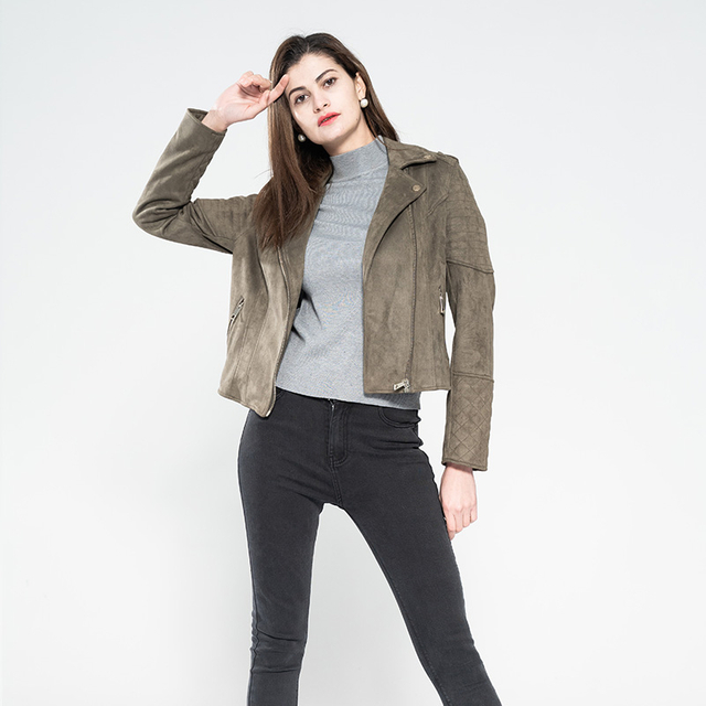 Lady Faux Suede Bonded Biker Jacket with CF Zippers And Shoulder Tab