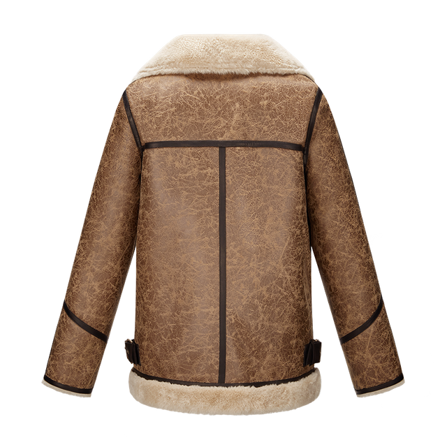 women wholesale warm coat with pu buckle & binding crack texture surface shearling bomber pilot jacket 