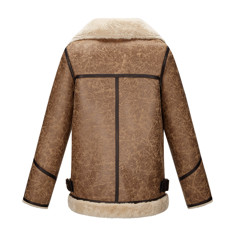women wholesale warm coat with pu buckle & binding crack texture surface shearling bomber pilot jacket 