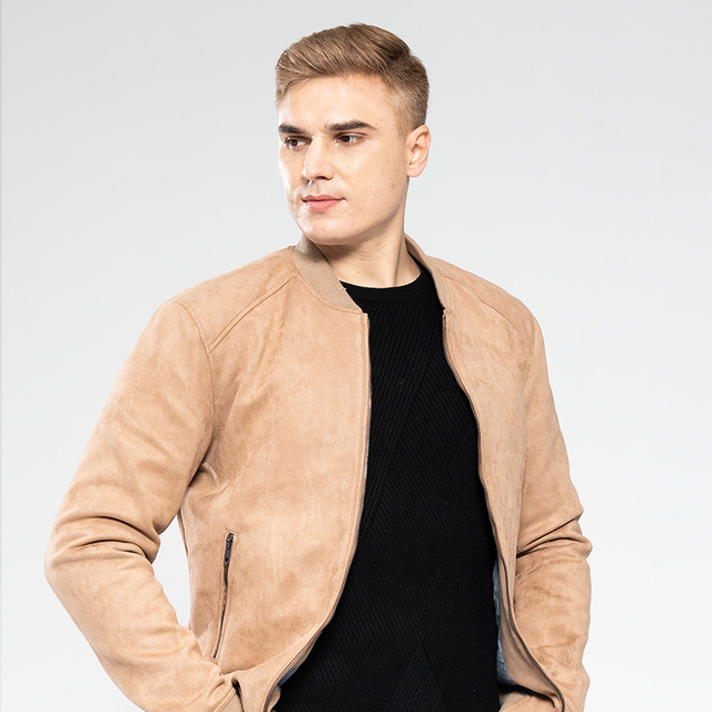 Men’s Faux Suede Jacket with Rib on Cuff, Bottom And Collar