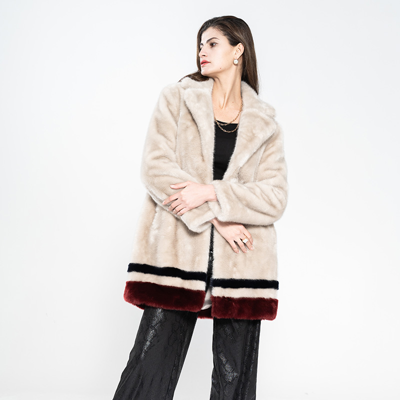 Lady Fake Mink Fur Contrast Color Long Coat 