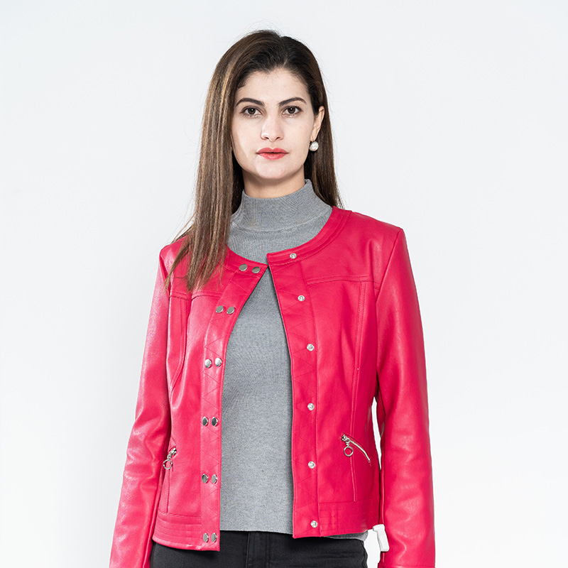 Ladies PU Collarless Jacket with Two Line Snap on The Placket