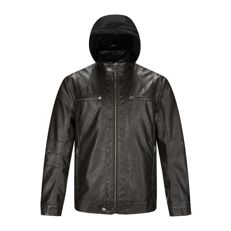 men wholesale hooded jacket collar buckle zippers detachable hood vintage pu leather jacket