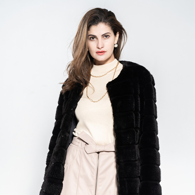 Lady Fake Mink Fur Long Coat with Cutting Pattern