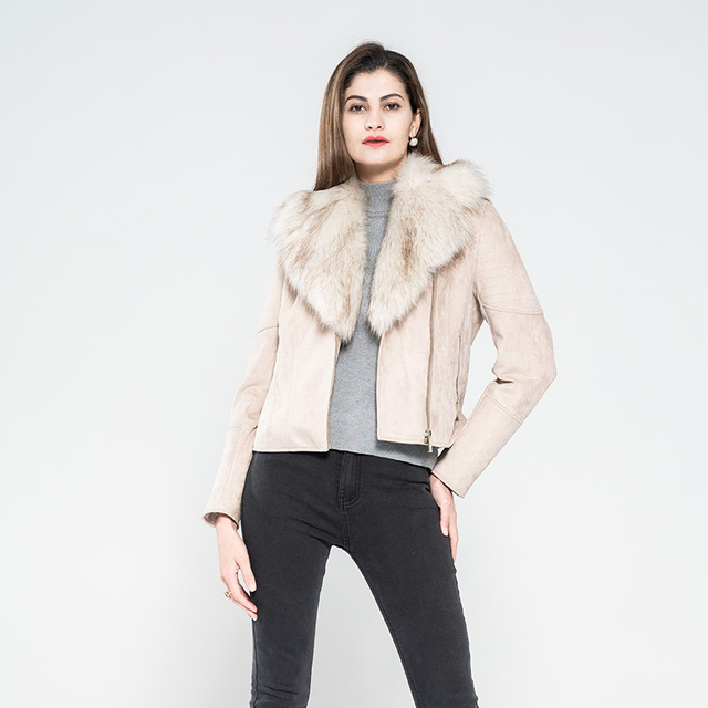 Lady Faux Suede Bonded with Biker Jecket with Fancy Faux Fur Lapel