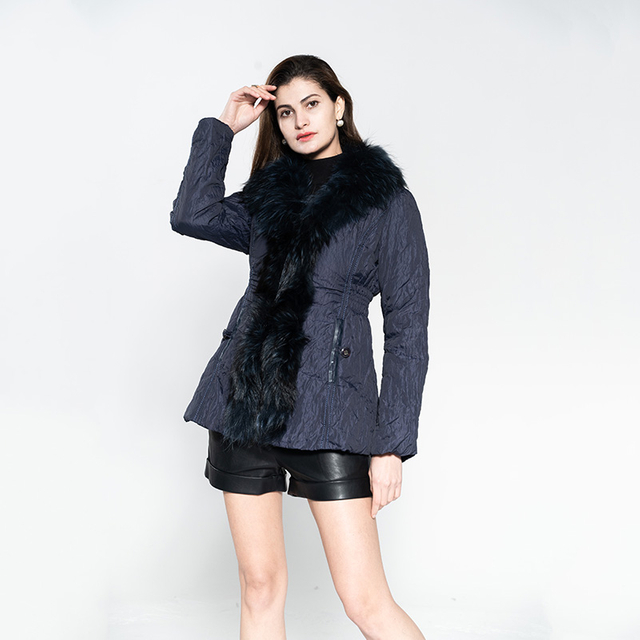 Lady Nylon Warm Coat with Raccoon Fur at Collar All The Way To Hem