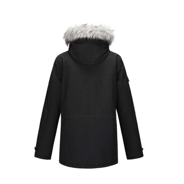women fur hooded coat with fur inner adjustable hem mid-length button & zipper parka