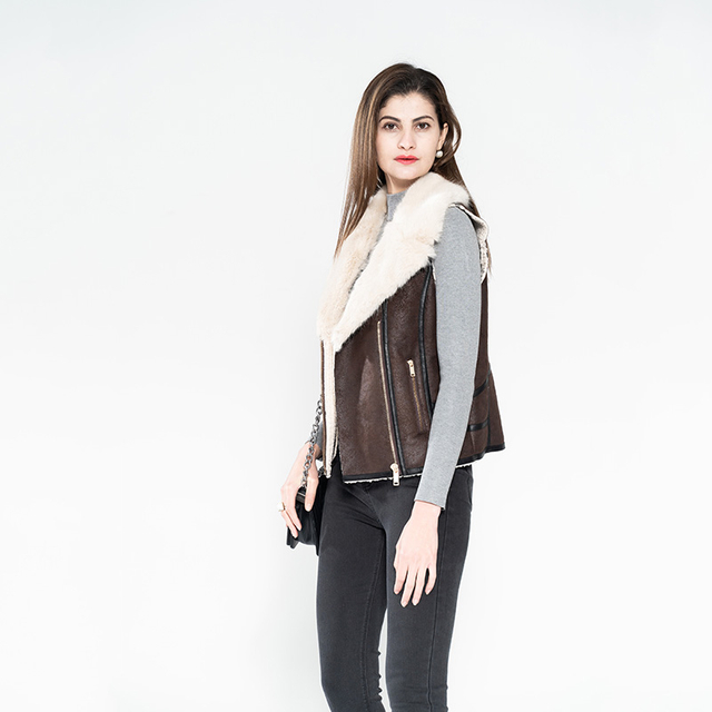 Lady Faux Suede Bonded Vest with Faux Rabbit Fur Collar