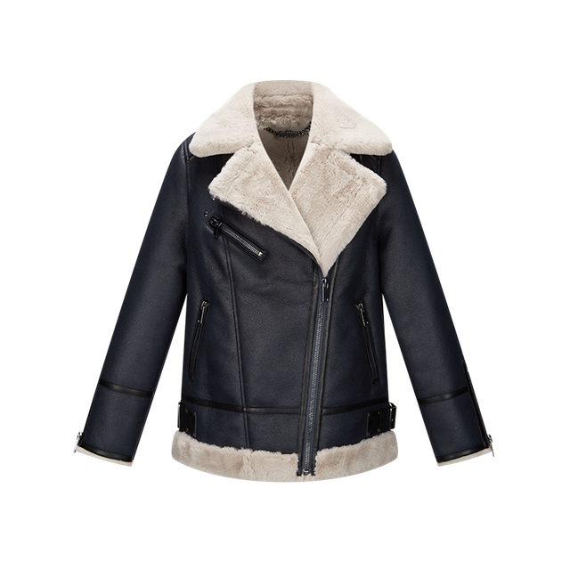 women winter warm fur inner coat lapel buckles zippers on cuff shearling bomber jacket