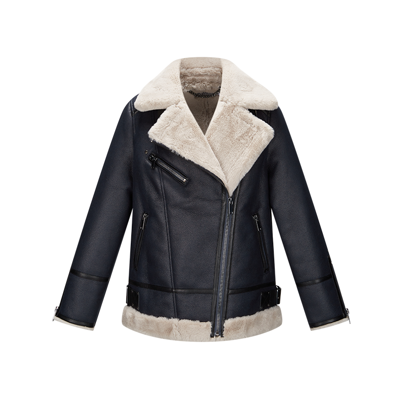 women winter warm fur inner coat lapel buckles zippers on cuff shearling bomber jacket