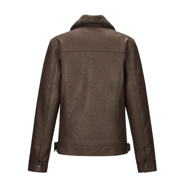custom men brown oxford texture detachable inside fur collar pu leather jacket