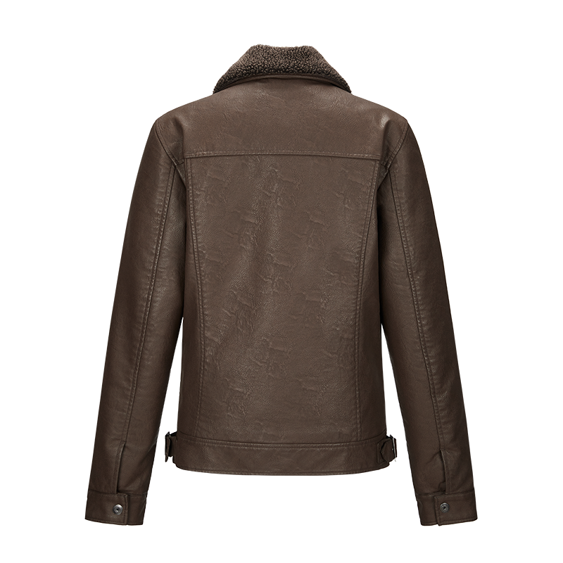 custom men brown oxford texture detachable inside fur collar pu leather jacket