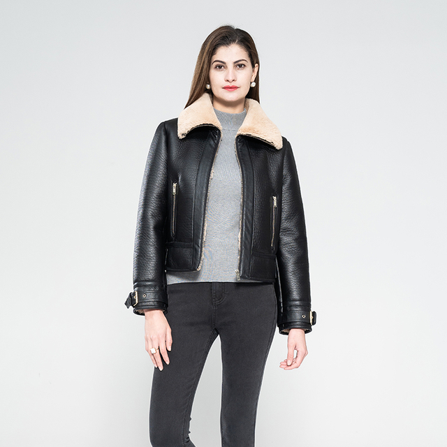 Ladies Bubble PU Bonded Fake Fur Jacket with PU Tape at Both Cuff And Bottom