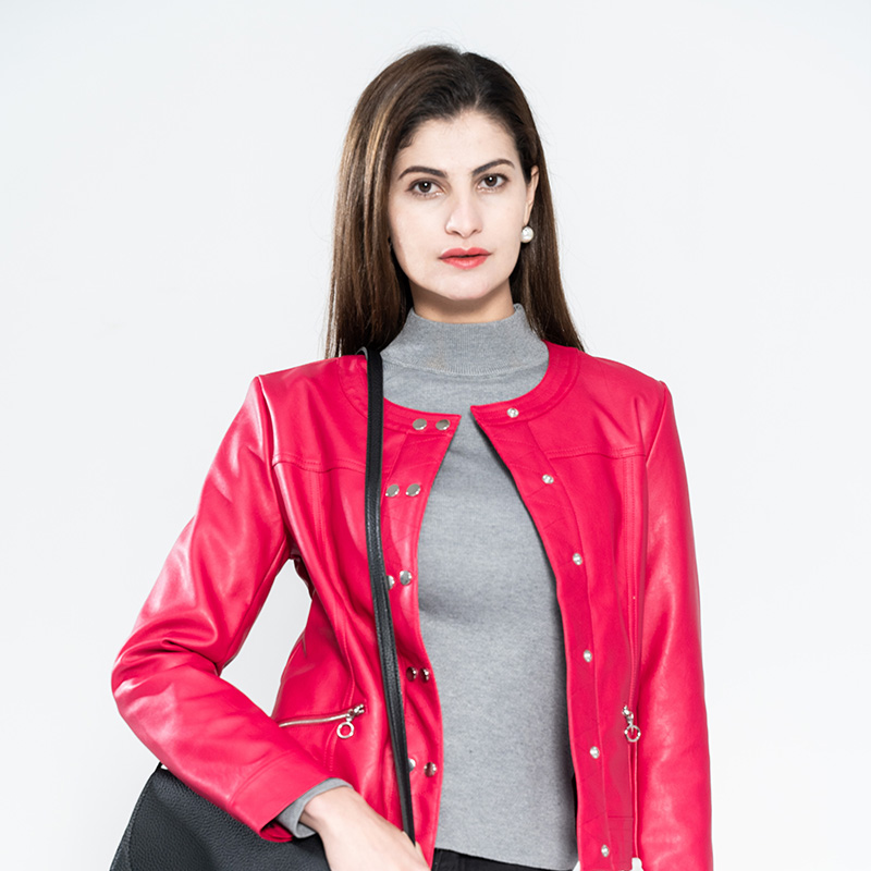 Ladies PU Collarless Jacket with Two Line Snap on The Placket