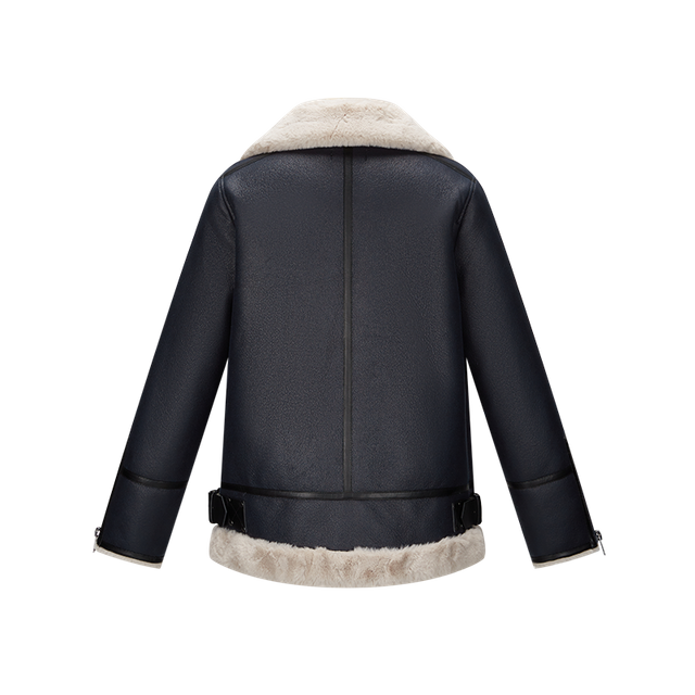 women winter warm fur inner coat lapel buckles zippers on cuff shearling bomber jacket