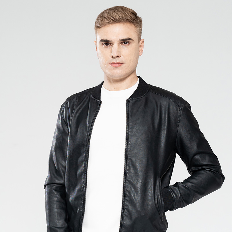 Men’s PU Jacket with Rib on Cuff, Bottom And Collar