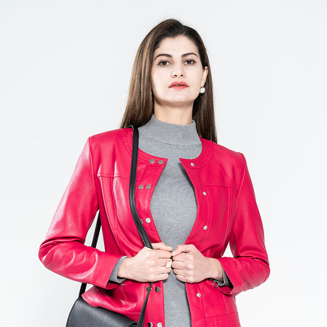 Ladies PU Collarless Jacket with Two Line Snap on The Placket