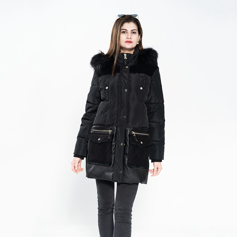 Lady Nylon Long Down Coat with Fur Patch Packet