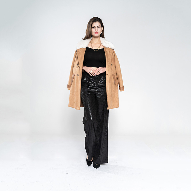 Lady Faux Suede Bonded Long Coat with Fancy Faux Fur Collar