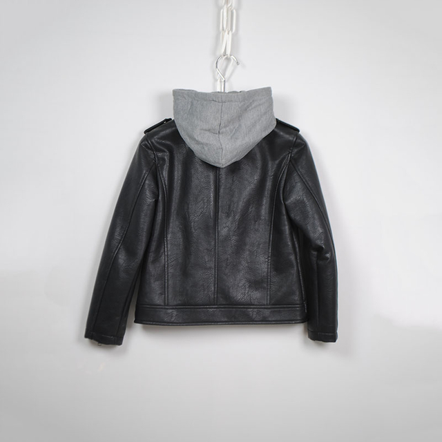 Kids PU Biker Jacket with Detachable Hood