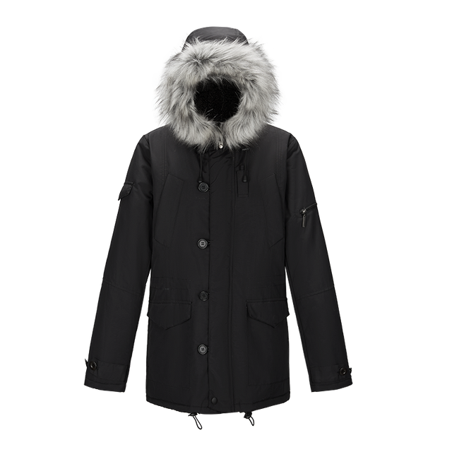 women fur hooded coat with fur inner adjustable hem mid-length button & zipper parka