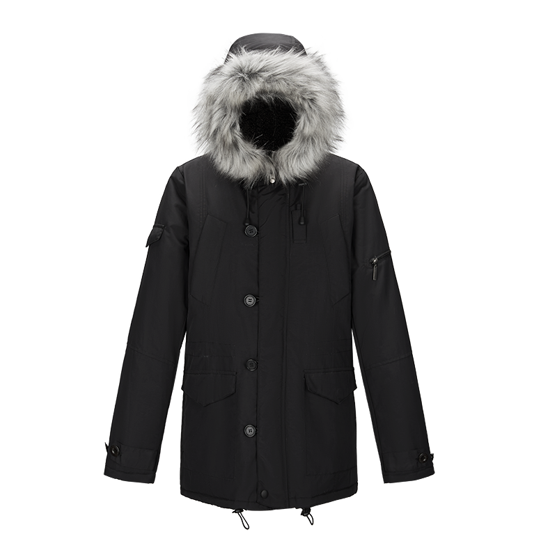 women fur hooded coat with fur inner adjustable hem mid-length button & zipper parka