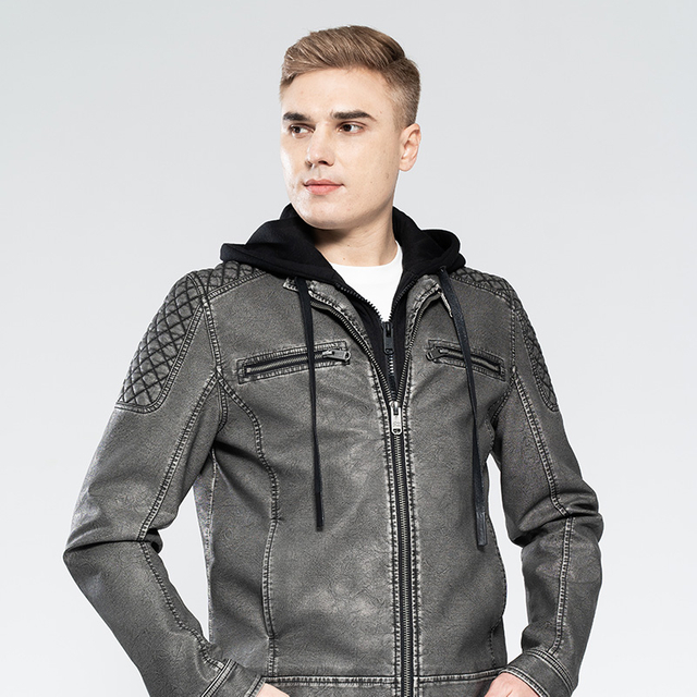 Men’s Color Faded PU Jacket With Inner Placket And Hood