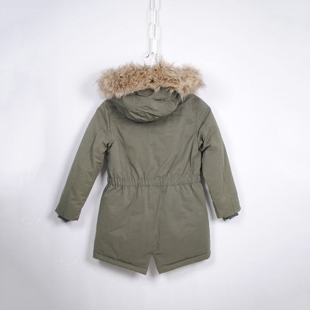 Kids Polyamide Cotton Long Coat with Long Fox Fake Fur Brim