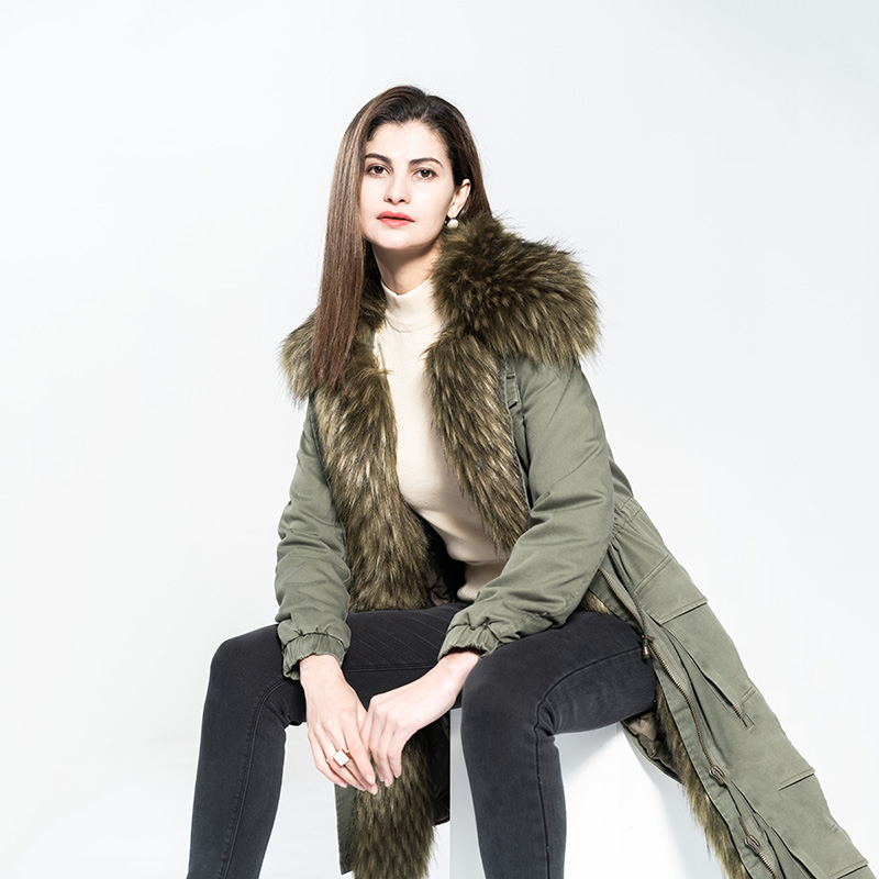 Lady Cotton Long Coat with Faux Racoon Fur Collar