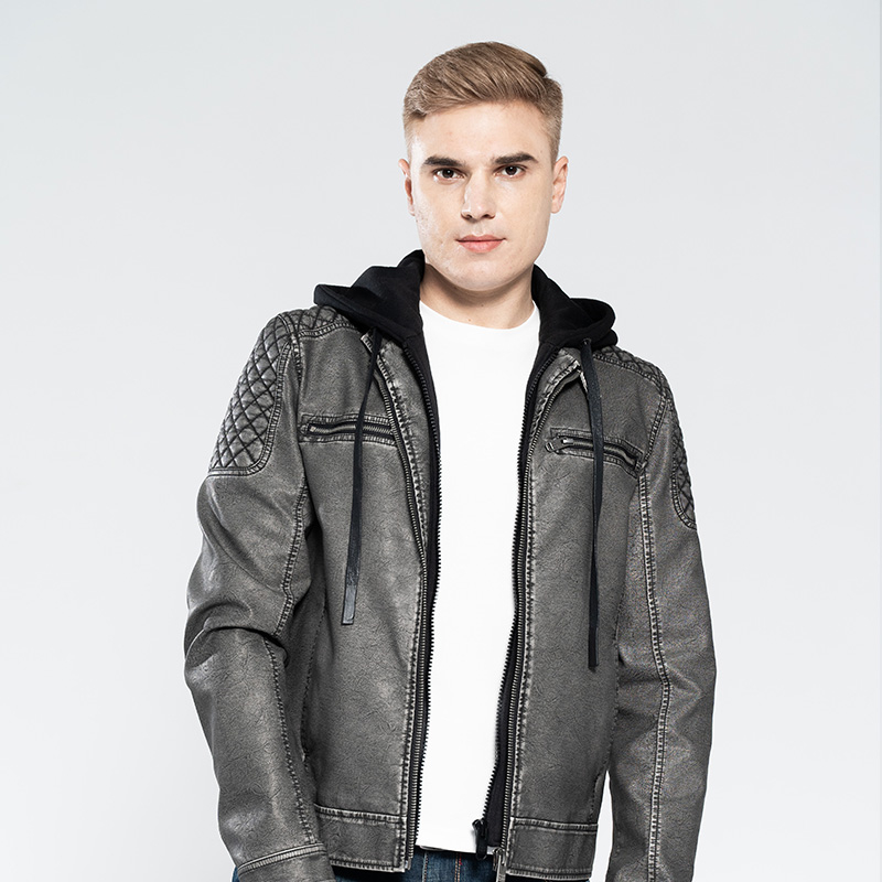 Men’s Color Faded PU Jacket With Inner Placket And Hood