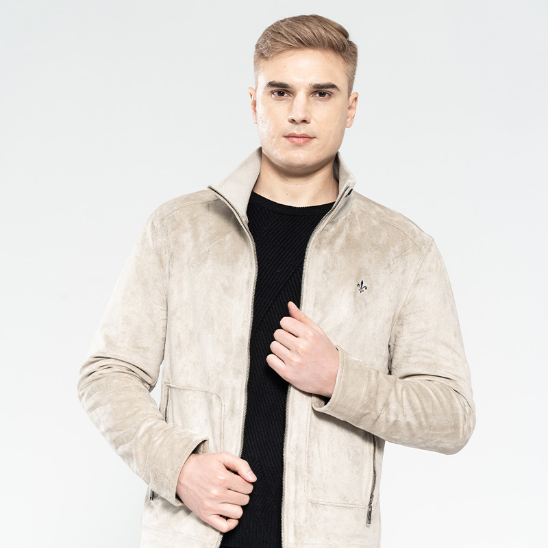 Men’s Faux Suede Jacket with stripe rib on collar