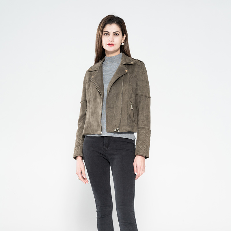 Lady Faux Suede Bonded Biker Jacket with CF Zippers And Shoulder Tab