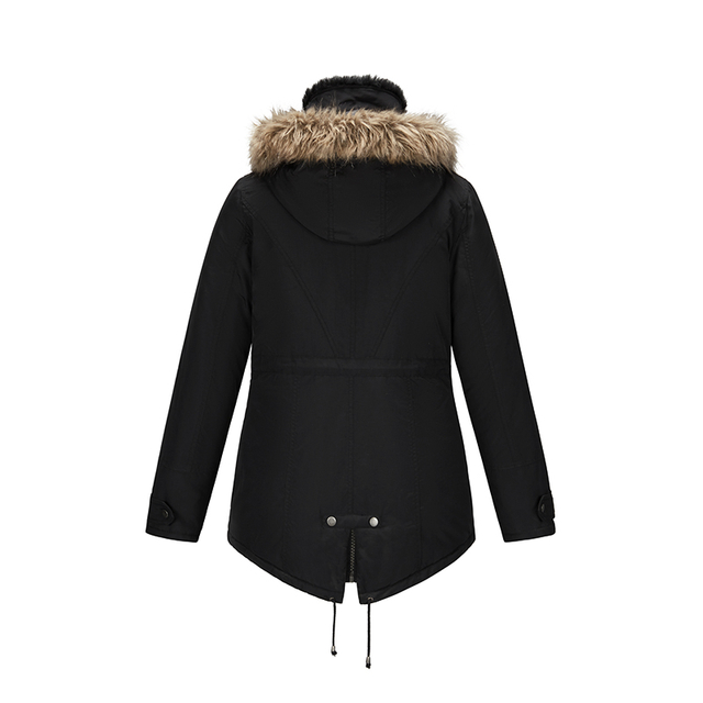 winter women warm fur hood coat drawstring in waist water resistant mid-length tux parka