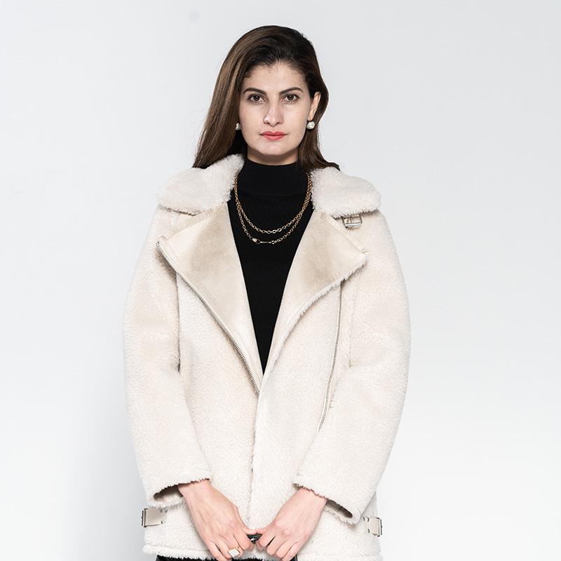 Lady Fake Sheep Fur Bonded Fake Suede Jacket Beige color