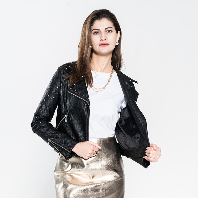 Ladies Motorbike PU Jacket With Metal Trim Figure On Sleeve, Collar, Bottom And Back